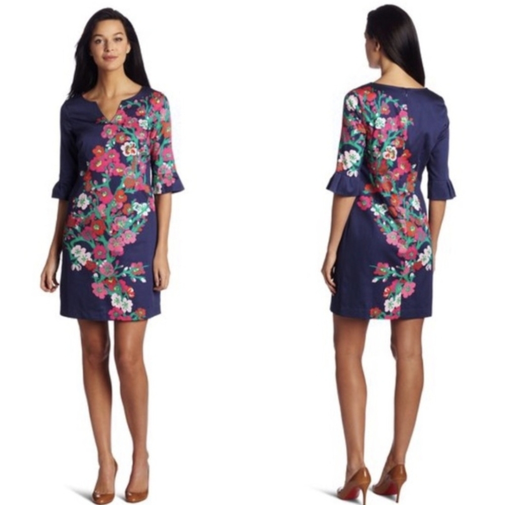 Lilly Pulitzer Dress Shailene Blue Floral Cherry Mine 3/4 Ruffle Sleeve Size 4